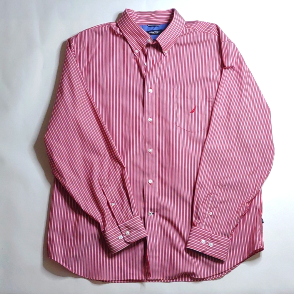 Nautica men's XL, red and white striped button down dress shirt.
